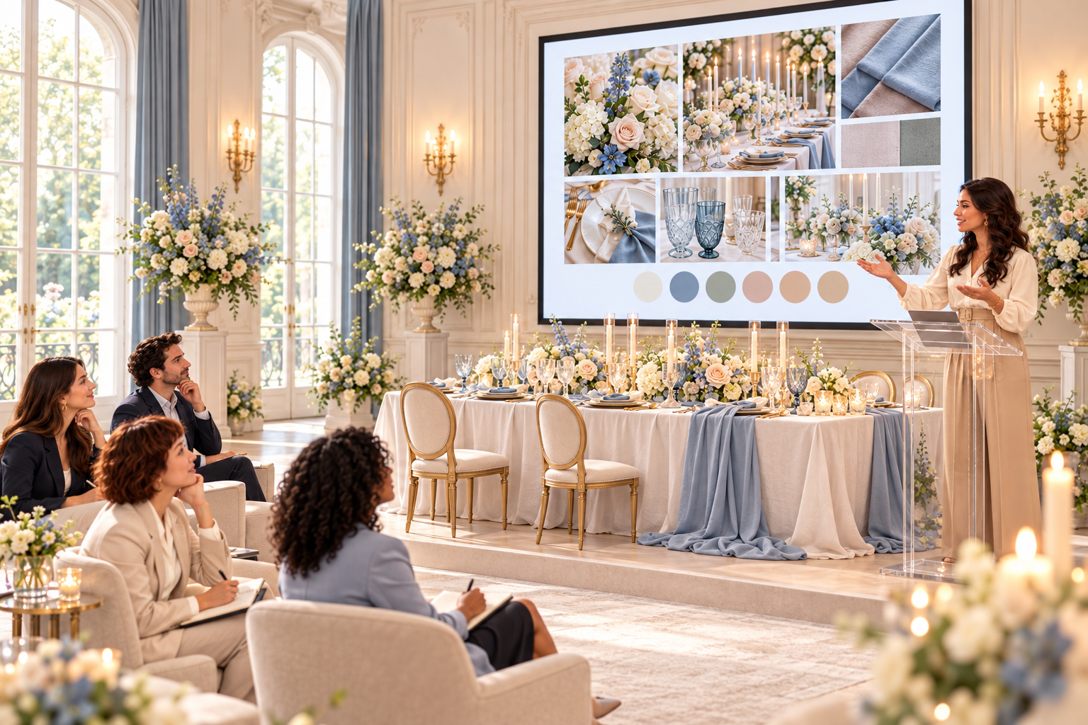 Student presenting a wedding table design with a mood board projected behind her