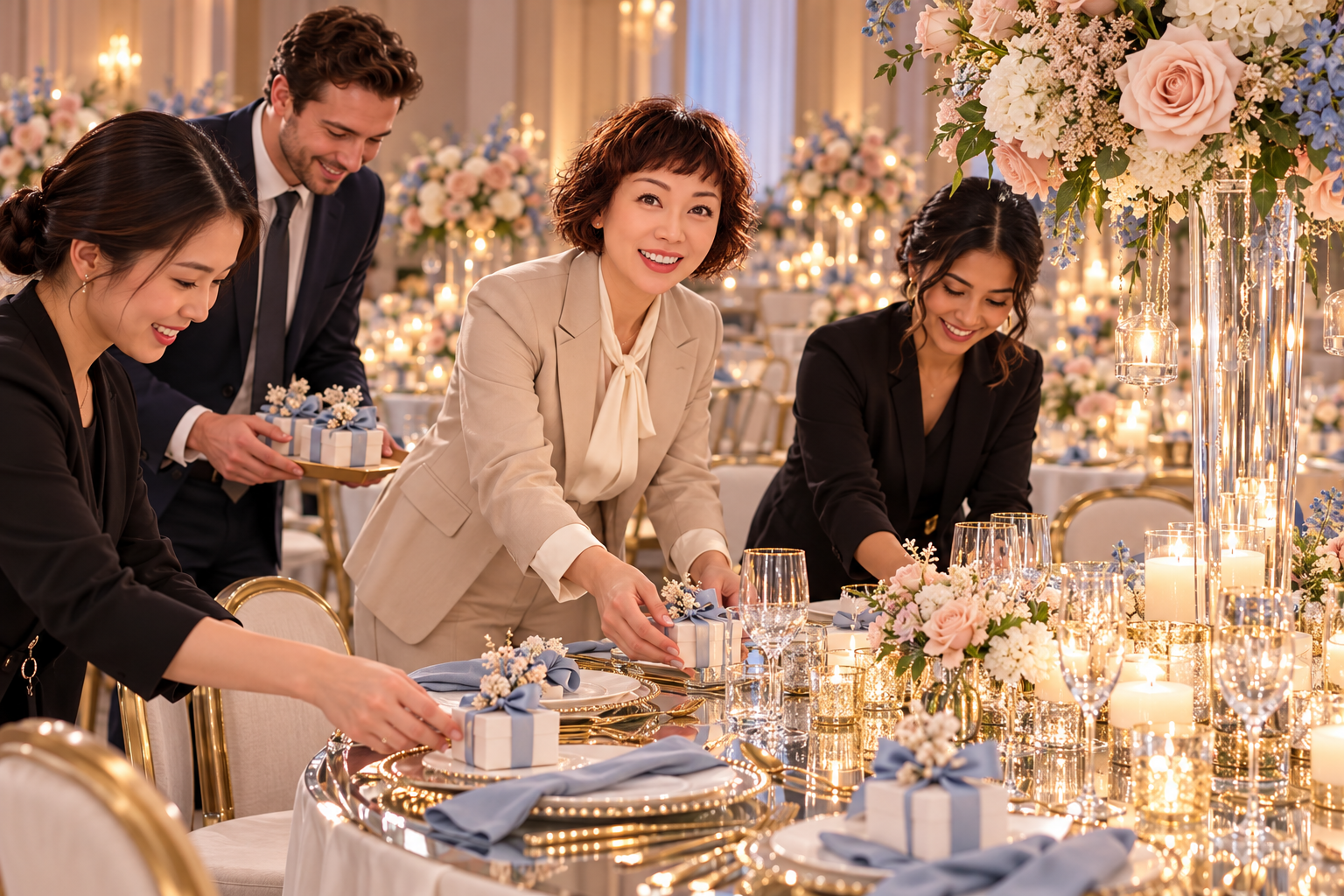 Sherrien and students setting party favors on a luxurious candlelit reception table