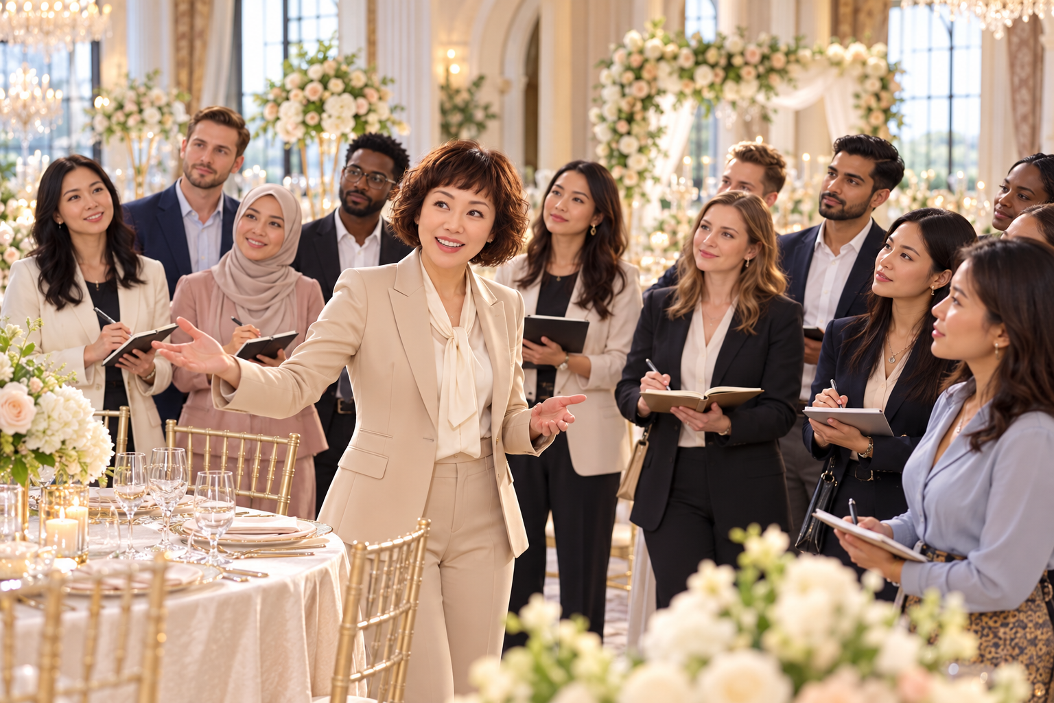 Sherrien leading international students through an elegant wedding venue